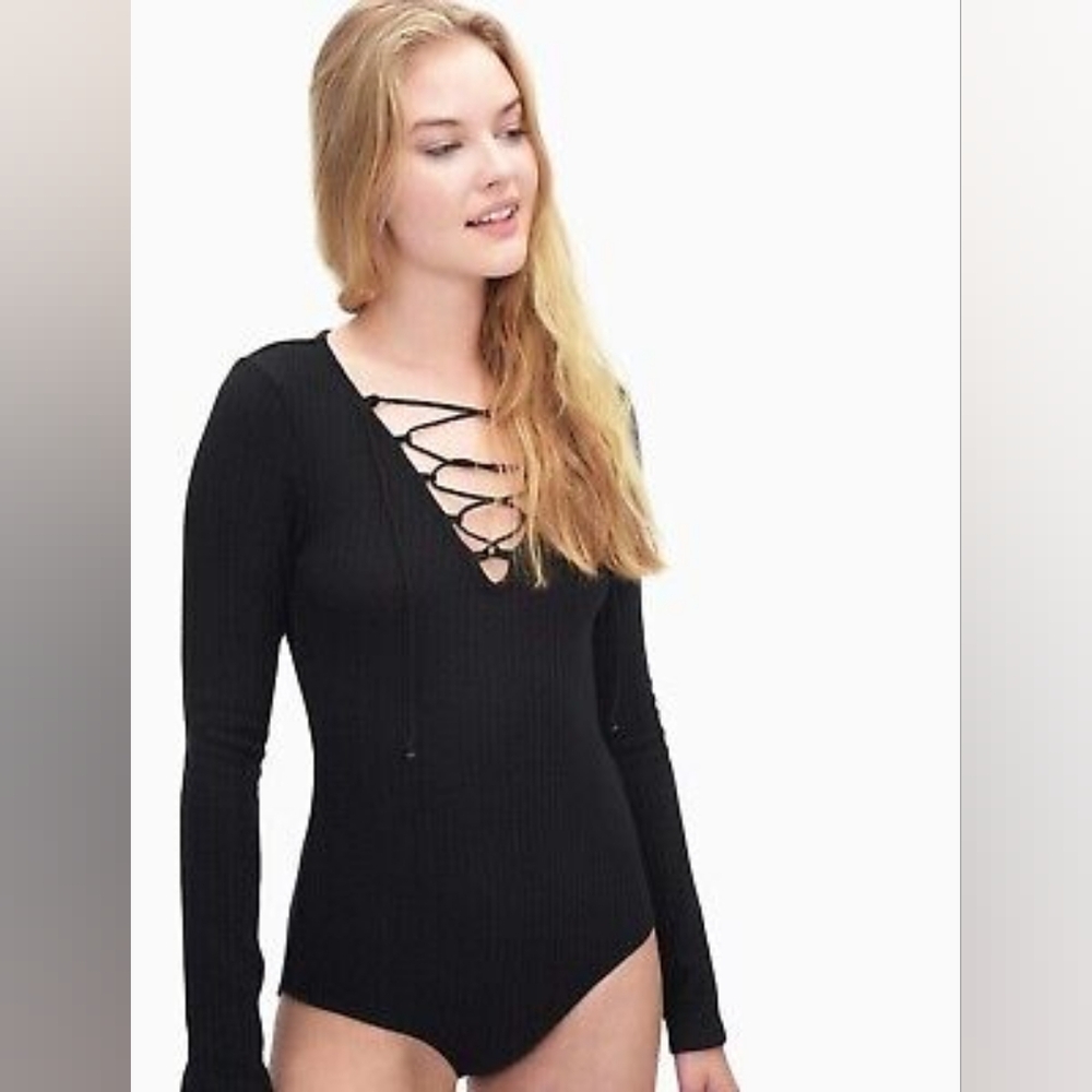 Splendid sylvie ribbed lace up bodysuit small s black